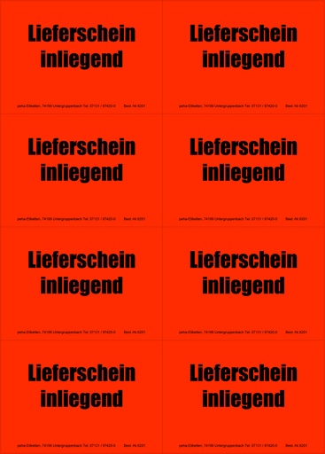 [620V-H01] Hinweis-Etiketten 8 Stk./Blatt signalrot, 99x69 mm | Aufdruck: "LIEFERSCHEIN inliegend"