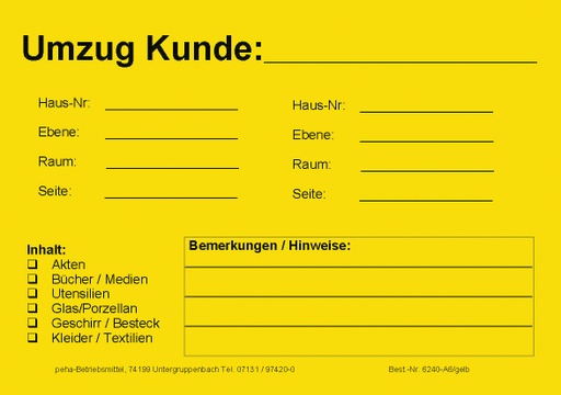 [622V-A640] Hinweis-Etiketten Einzelblatt DIN A6 (100 Stk.) | Text: "Umzug-Kunde/ von nach/ Inhalt" (gelb)