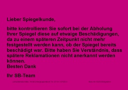 [622V-A635] Hinweis-Etiketten Einzelblatt DIN A6 (100 Stk.) | Text: &quot;Warnhinweis an Spiegelkunden&quot; (signalrot)