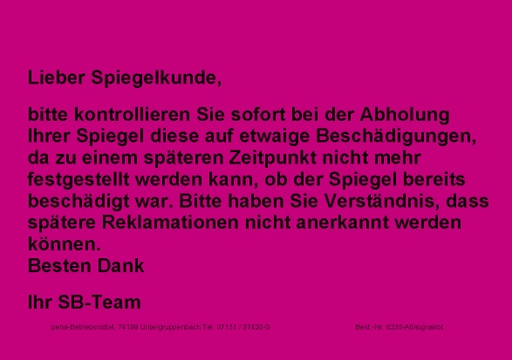 [622V-A635] Hinweis-Etiketten Einzelblatt DIN A6 (100 Stk.) | Text: "Warnhinweis an Spiegelkunden" (signalrot)