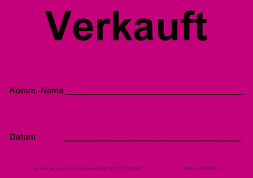 [622V-A636] Hinweis-Etiketten Einzelblatt DIN A6 (100 Stk.) | Text: "Verkauft / Komm / …" (rot)