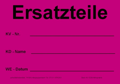 [622V-A639] Hinweis-Etiketten Einzelblatt DIN A6 (100 Stk.) | Text: "Ersatzteile / KV-Nr/…" (signalrot)