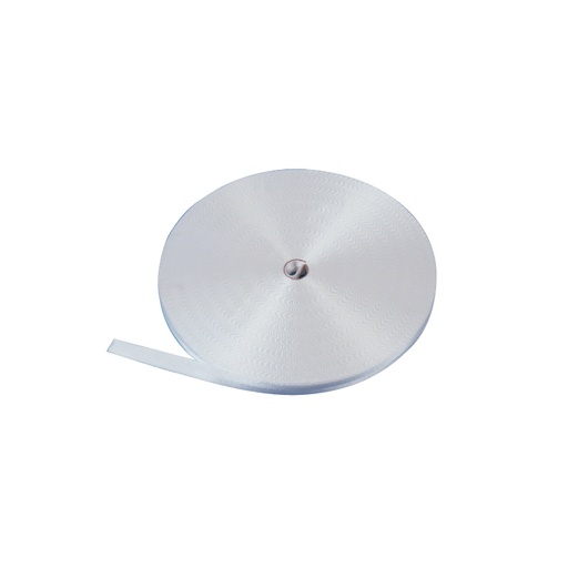 [1112] PES-Bindegurt, weiß auf Rolle | (B) 25mm (L) 100m | Reißfestigkeit: 1400 daN | m. Druck "LC1400daN, n. EN12195-2"