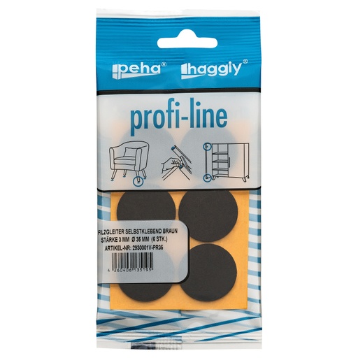 [2930001V-PR35] peha profi-line Filzgleiter selbstklebend, 3.0 mm Ø 35 mm | braun (6 Stk.)