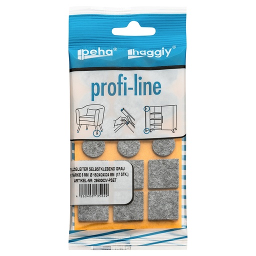 [2950002V-PSET] peha profi-line Filzgleiter selbstklebend, 5.0 mm versch. Größen | grau (17 Stk.)